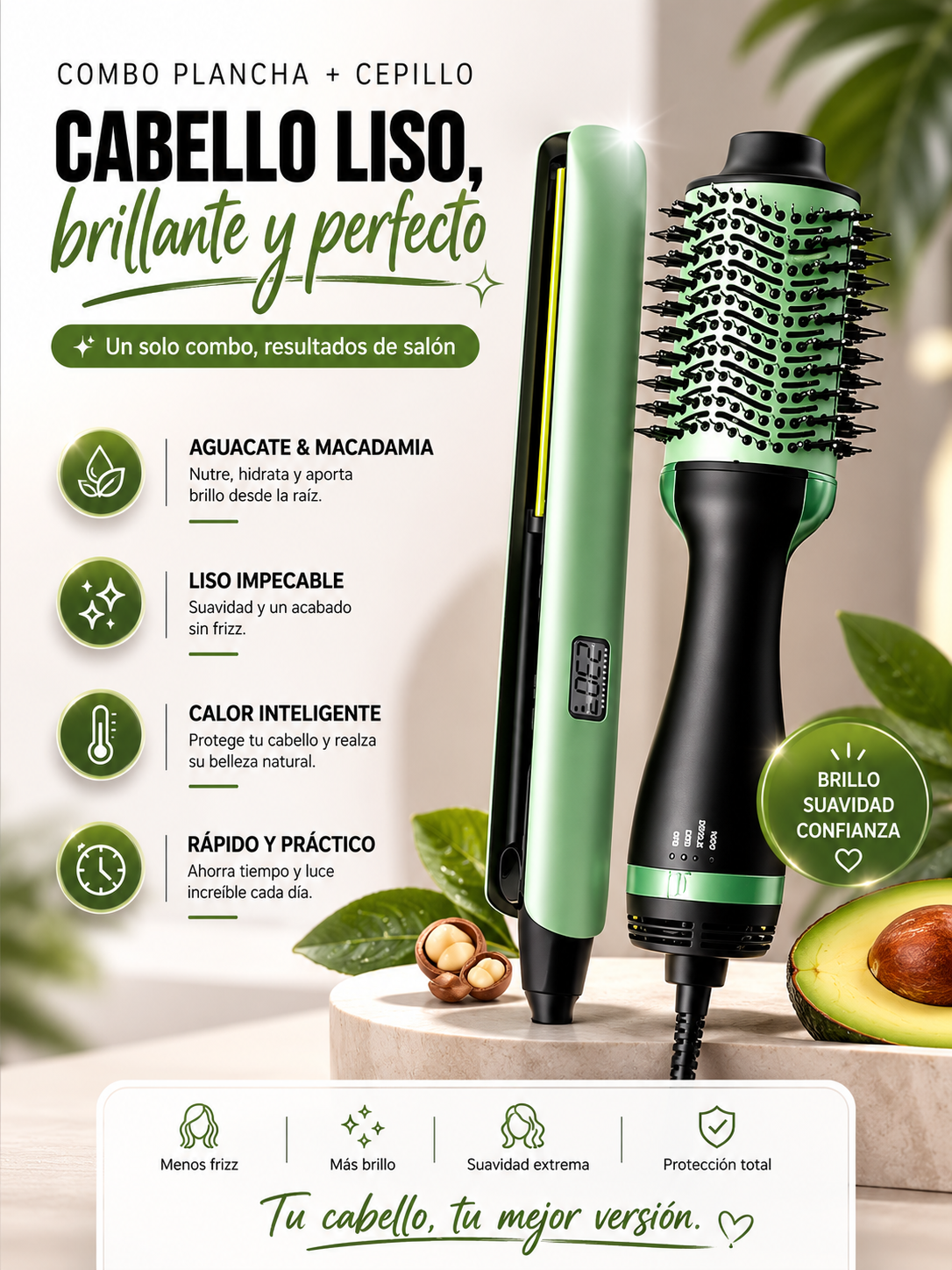 Combo Profesional de Plancha Digital + Cepillo Secador 2 en 1 Aguacate & Macadamia