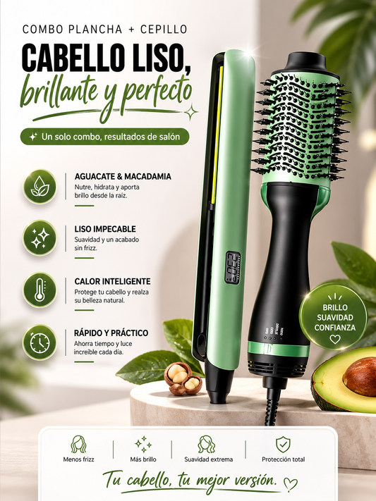 Combo Profesional de Plancha Digital + Cepillo Secador 2 en 1 Aguacate & Macadamia