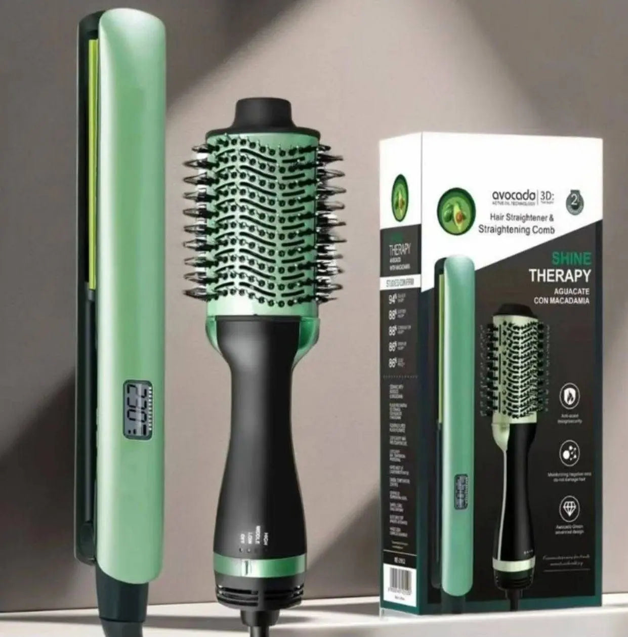Combo Profesional de Plancha Digital + Cepillo Secador 2 en 1 Aguacate & Macadamia